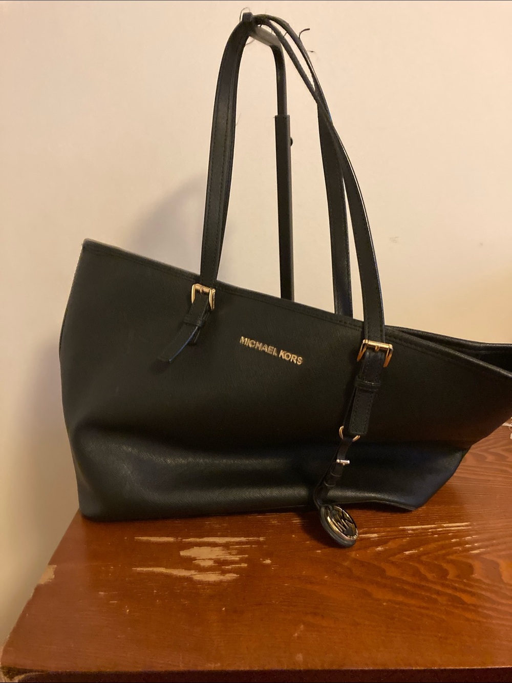 Michael Kors Black Leather Tote with Gold Hardware